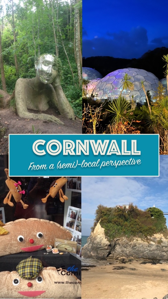 Four images of Cornwall including a sculpture, the eden project at night, toy pasties and towan beach