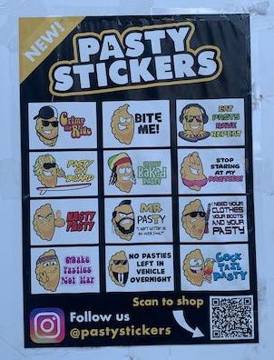 cartoon sheet called Pasty Stickers, with 12 options of different types of pasties.